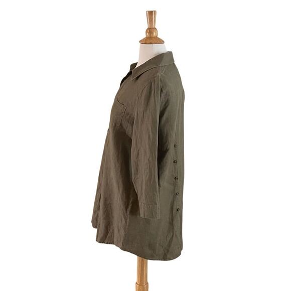 Zoe D. Olive Green Linen 3/4 Sleeve V-Neck Button Down Tunic / Long Shirt Size M - Picture 4 of 15